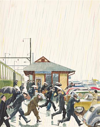 JOHN FALTER (1910-1982) Commuters in the Rain. [SATURDAY EVENING POST]